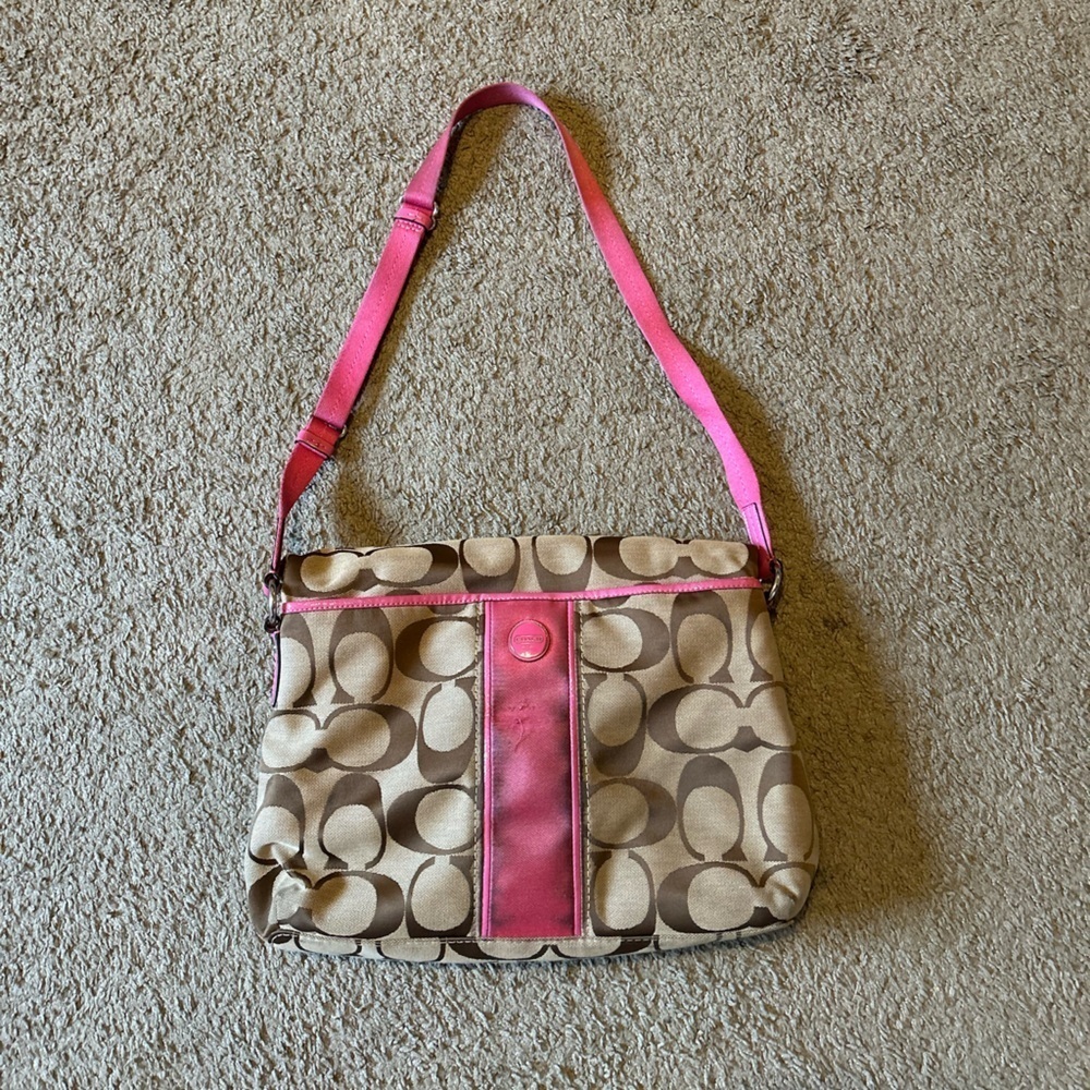 Coach Signature Canvas Shoulder Bag in Pink and Tan